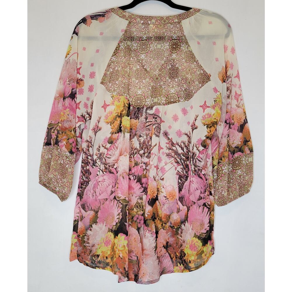 *ANTHROPOLOGIE* Fig & Flower Pink Paisley Floral Sheer Flowy Boho Blouse sz M - Picture 2 of 6